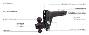 BulletProof Hitches - 2.5 Inch Adjustable Heavy Duty Trailer Hitch (22,000 lb. Rating) - 12 Inch Drop/Rise Trailer Hitch with 2 Inch & 2-5/16 Inch Dual Ball - Powder Coat, Solid Steel, Corrosion-Resistant