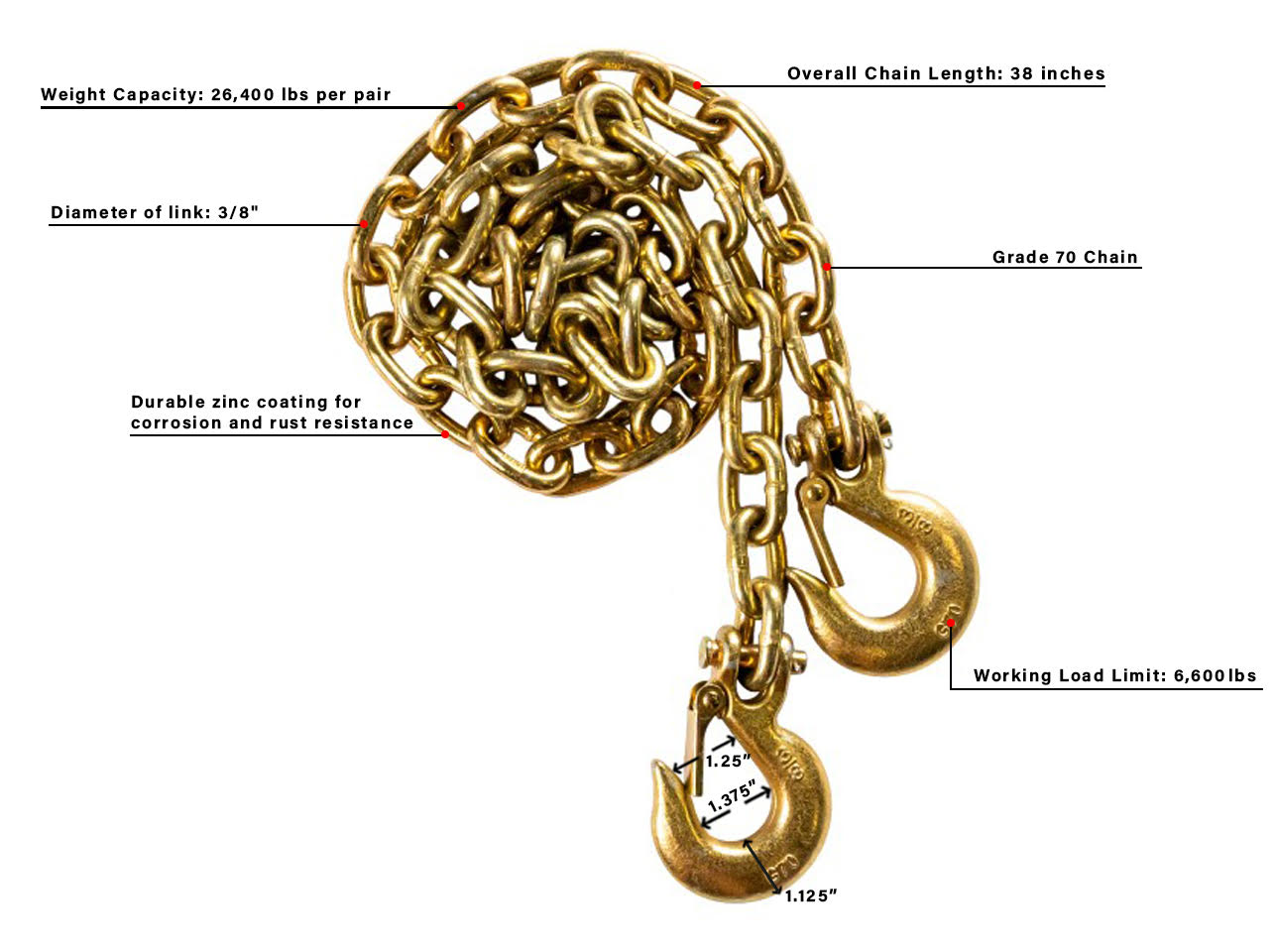 BulletProof Heavy Duty 3/8-Inch Safety Chains (Pair)- Production Specifications