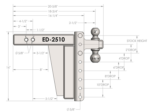 BulletProof 2.5" Extreme Duty 10" Drop/Rise hitch with Dual Ball and Corrosion Resistant Pins (1955365552197)