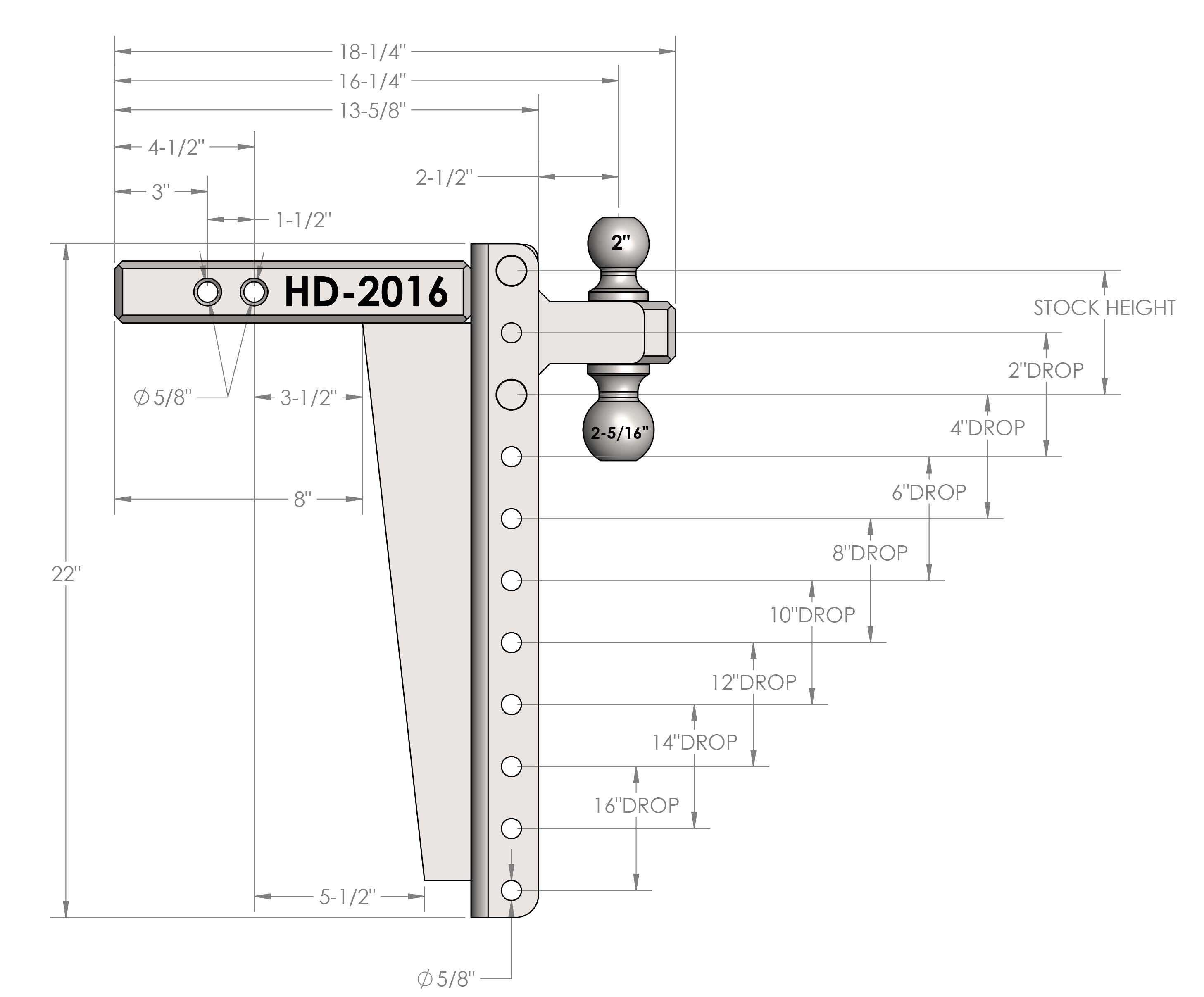 2.0-Inch Heavy Duty 16-Inch Drop/Rise Hitch- Production Specifications